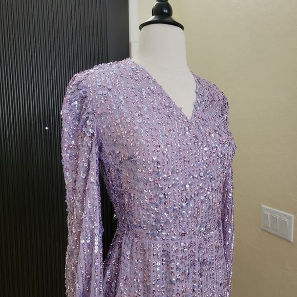 Mac Duggal 107641 Lavender Purple 2 Sequin Lilac Long Sleeve Midi Dress Evening - Picture 4 of 13